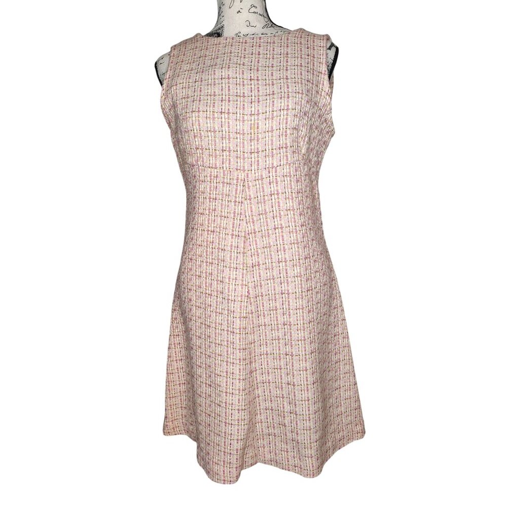 Lesley Evers Small Knit Dress Sleeveless Pink Orange Tan Weave Fit Flare Elegant